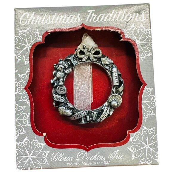 Gloria Duchin Pewter First Christmas Baby Keepsake Ornament With White Ribbon - Picture 1 of 6